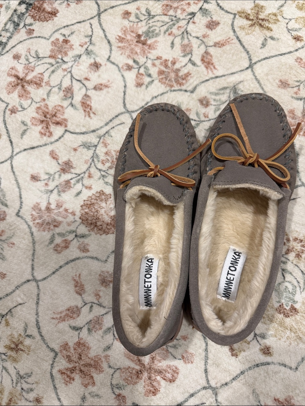 Minnetonka Taupe Suede Moccasins with Tan Bow